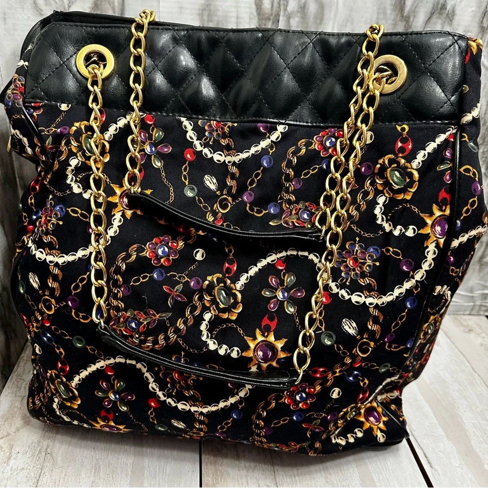 Monet Black Gold Chain Pattern Tote Bag Vintage 80s Jewelry Print Large Cloth